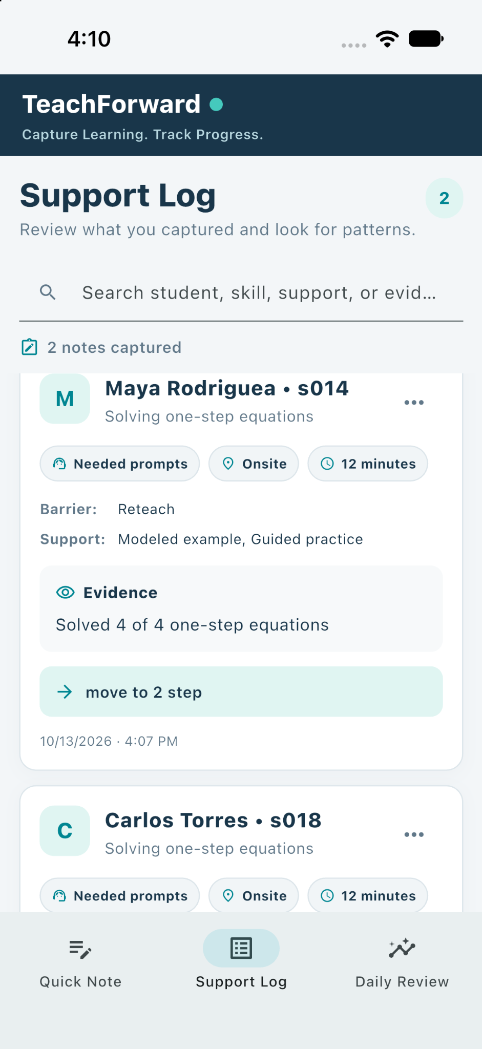 TeachForward Support Log screen